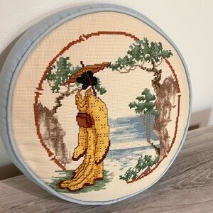 Round Embroidered Cushion with Asian Art